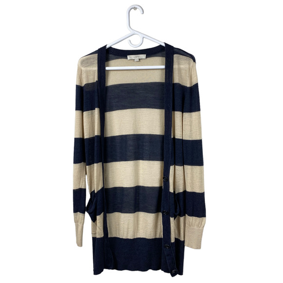 LOFT Sweaters - Loft Womens Striped Longline Cardigan Size Small Cream Navy Long Sleeve Casual